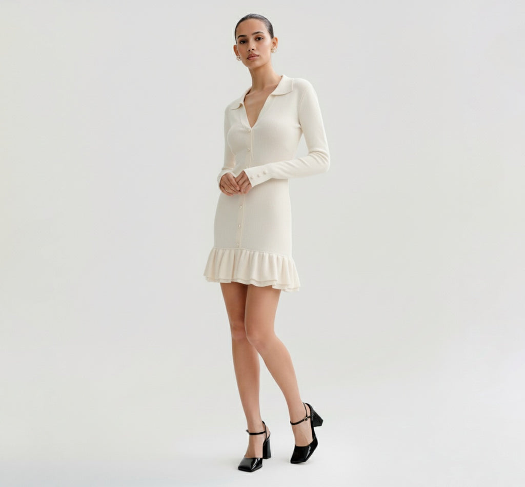 Woman wearing a Ivory dress with long sleeves on a plain background