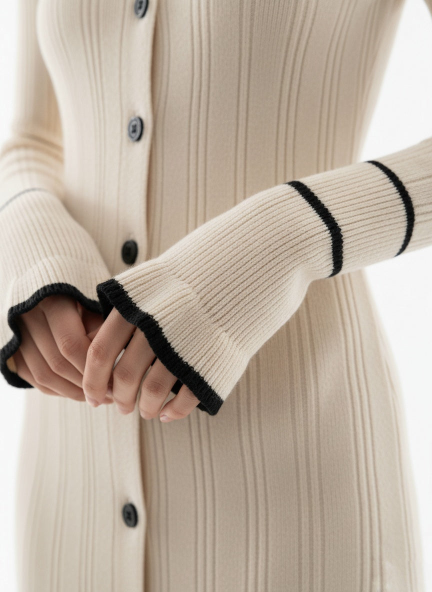 Close-up of a beige cardigan with black trim on sleeves and buttons.