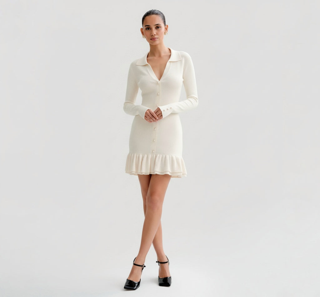 Woman wearing a Ivory dress with long sleeves on a plain background