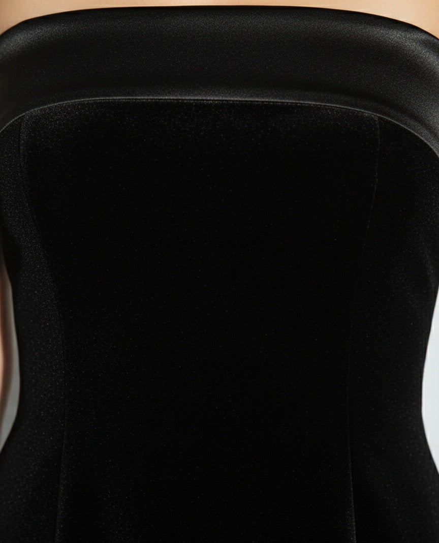 Close-up of a Black strapless top with a blurred background
