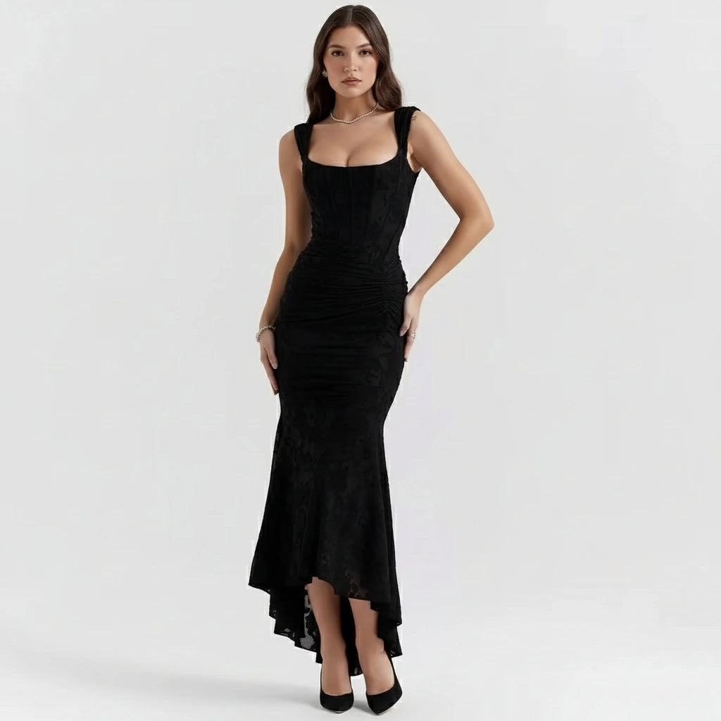 Woman wearing a Black evening gown on a white background